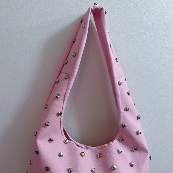 Handmade Light Pink Faux Leather Silver Stud Hearts Studded Beaded Shoulder Bag - Picture 5 of 10